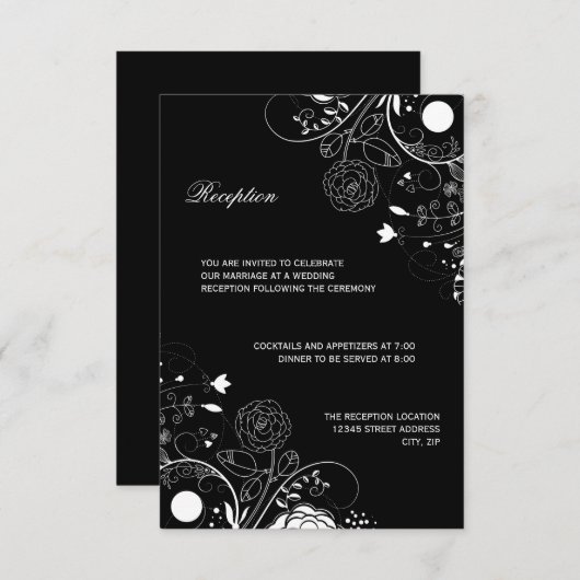 Floral Pattern Black/White - Reception Invitation Kaart (Voorkant / Achterkant)
