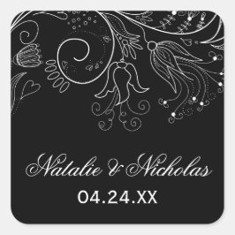 Floral Pattern Black/White Tulip - Square Sticker