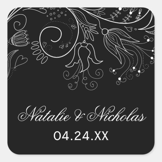 Floral Pattern Black/White Tulip - Square Sticker (Voorkant)