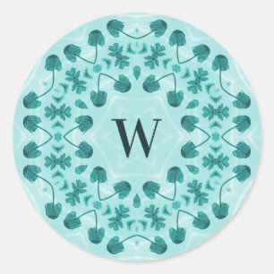 Floral Pattern, Blauwgroen blauw Initiaal Ronde Sticker