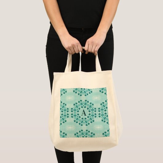 Floral Pattern, Blauwgroen blauw Initiaal Tote Bag (Voorkant (product))
