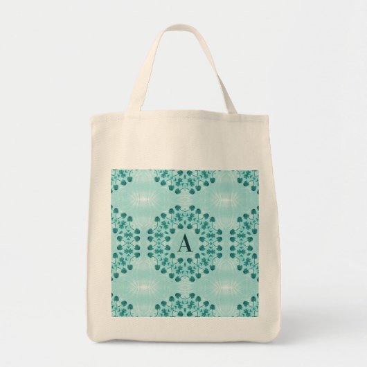Floral Pattern, Blauwgroen blauw Initiaal Tote Bag (Voorkant)