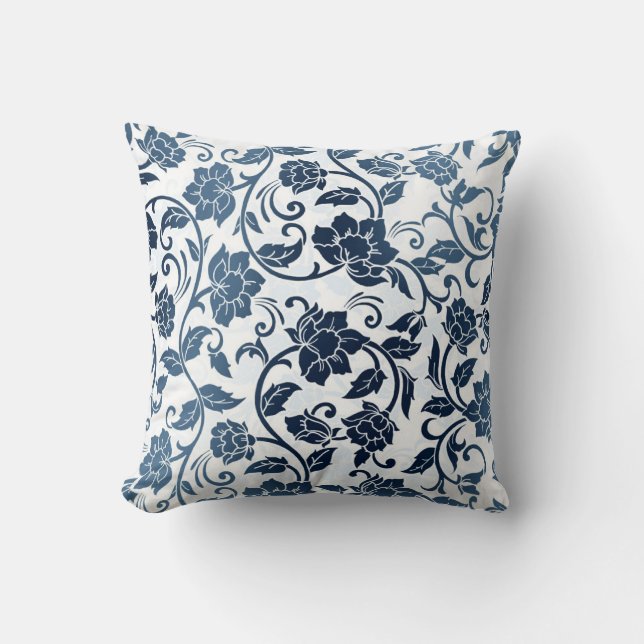 Floral Pattern Blauwgroen en Navy Blue Kussen (Voorkant)