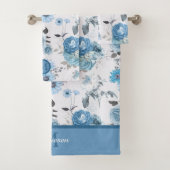 Floral Pattern Blue Border Monogram Bad Handdoek (Insitu)