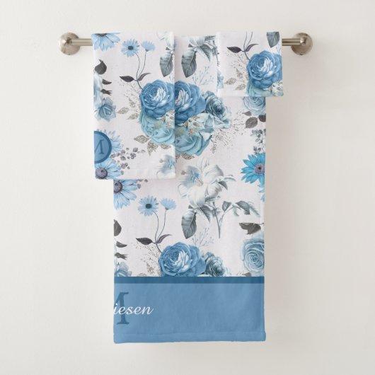 Floral Pattern Blue Border Monogram Bad Handdoek (Insitu)