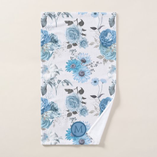 Floral Pattern Blue Border Monogram Bad Handdoek (Handdoek)
