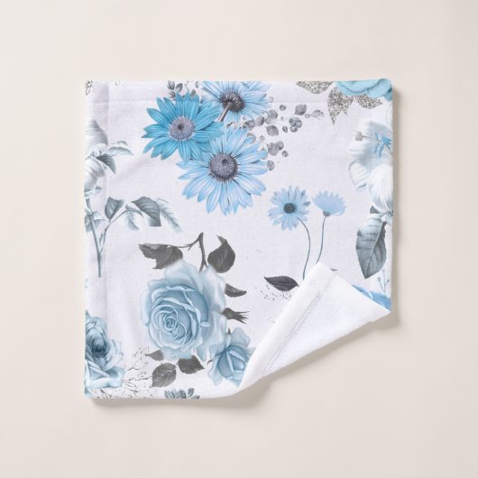 Floral Pattern Blue Border Monogram Bad Handdoek (Wasdoekje)