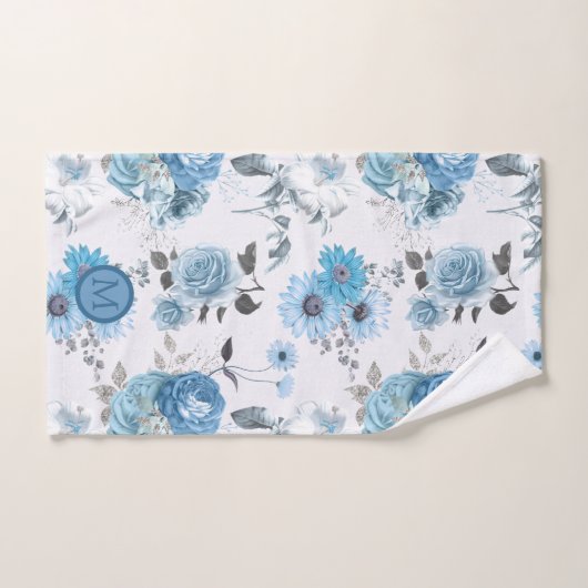 Floral Pattern Blue Border Monogram Bad Handdoek (Handdoek)