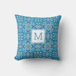  Floral Pattern Blue Geometric Tile Monogram Buitenkussen