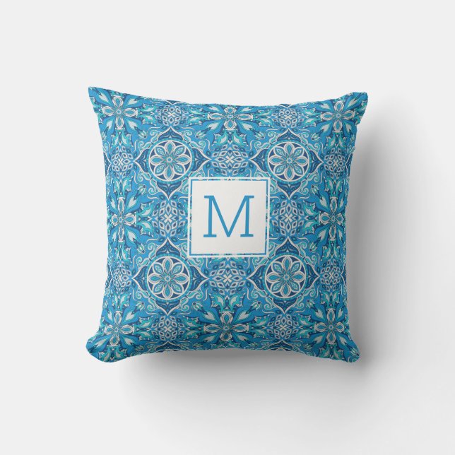  Floral Pattern Blue Geometric Tile Monogram Buitenkussen (Voorkant)