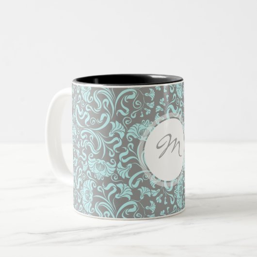  Floral Pattern Blue Grey Monogram Mok (Voorkant links)