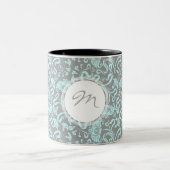  Floral Pattern Blue Grey Monogram Mok (Center)
