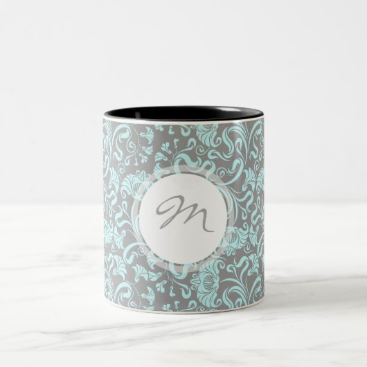 Floral Pattern Blue Grey Monogram Mok (Center)