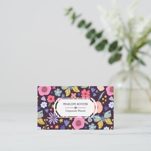 Floral Pattern Dark Plum & Mauve Business Card Visitekaartje (Staand voorkant)