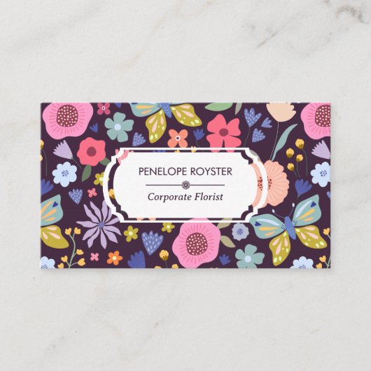 Floral Pattern Dark Plum & Mauve Business Card Visitekaartje (Voorkant)