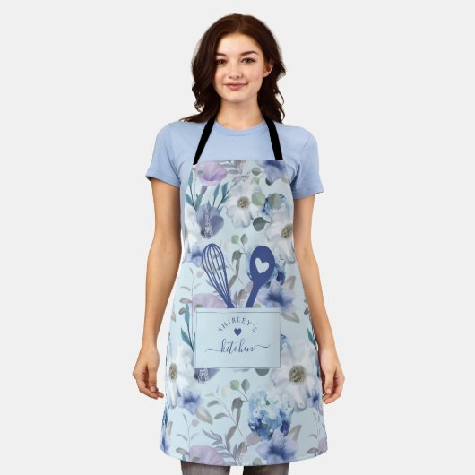 Floral Pattern Faux Stitched Pocket Spoon & Whisk Schort (Gedragen)