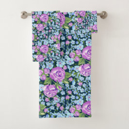 Floral Pattern Flowers in Full Bloom Blue Paars Bad Handdoek