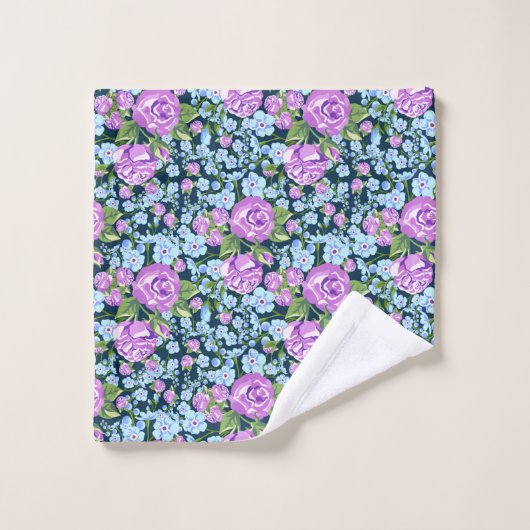 Floral Pattern Flowers in Full Bloom Blue Paars Bad Handdoek (Wasdoekje)