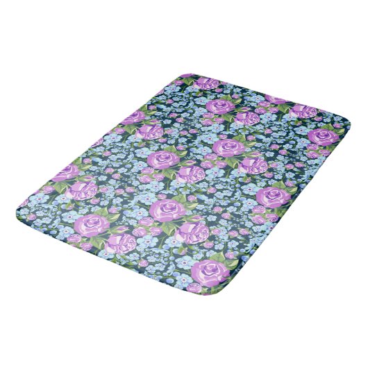 Floral Pattern Flowers in Full Bloom Blue Paars Badmat (Gekanteld)