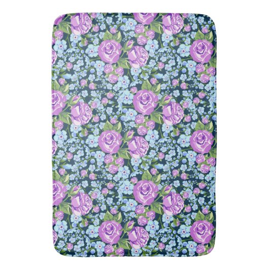 Floral Pattern Flowers in Full Bloom Blue Paars Badmat (Voorkant Verticaal)
