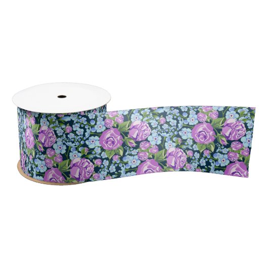 Floral Pattern Flowers in Full Bloom Blue Paars Satijnen Lint (Spoel)