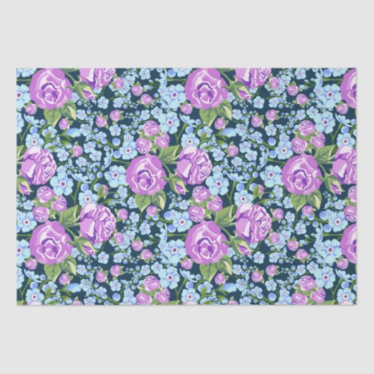Floral Pattern Flowers in Full Bloom Blue Paars Tissuepapier (Voorkant)