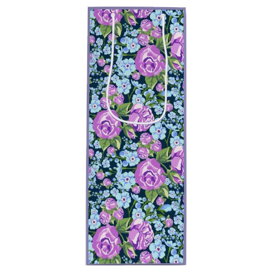 Floral Pattern Flowers in Full Bloom Blue Paars Wijn Cadeautas (Voorkant)