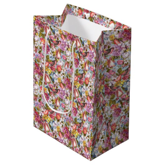 Floral Pattern Foliage Birds Butterflies Peony Medium Cadeauzakje (Voorkant Gekanteld)