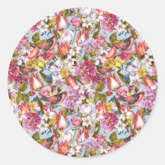 Floral Pattern Foliage Birds Butterflies Peony Ronde Sticker (Voorkant)