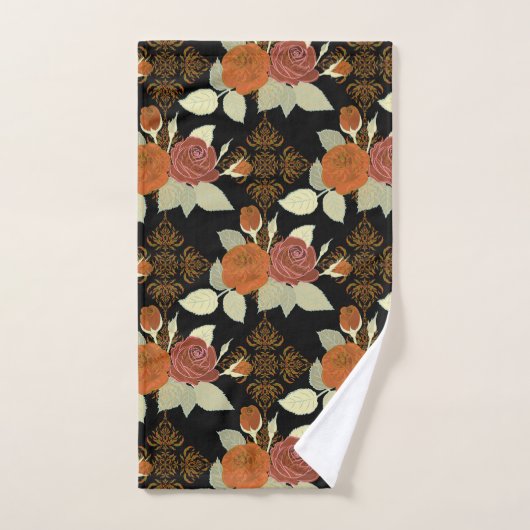 Floral Pattern Foliage Rozen op zwarte achtergrond Bad Handdoek (Handdoek)