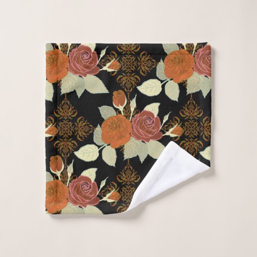 Floral Pattern Foliage Rozen op zwarte achtergrond Bad Handdoek (Wasdoekje)