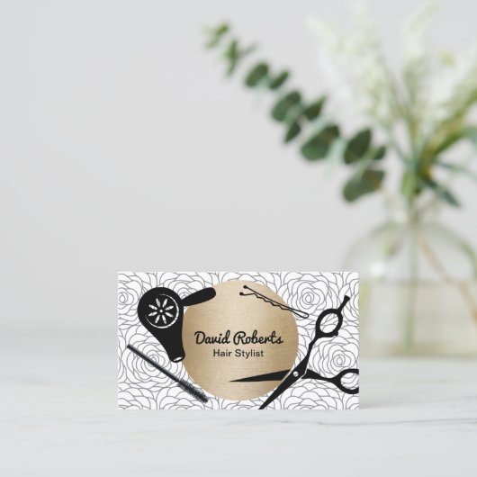  Floral Pattern Gold Circle Hair Stylist Visitekaartje (Staand voorkant)