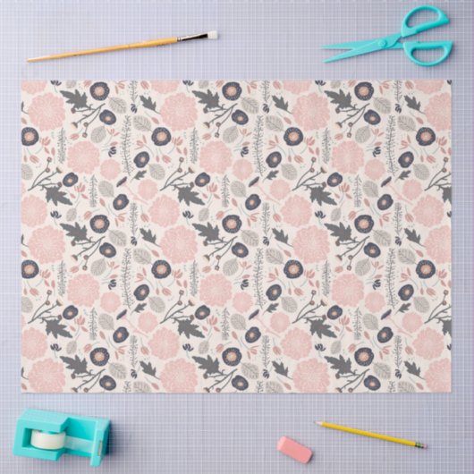 Floral Pattern Gray Pink Black Tissuepapier (Craft)