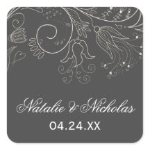 Floral Pattern Grey/White Tulip - Square Sticker