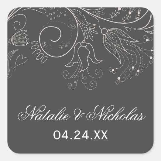 Floral Pattern Grey/White Tulip - Square Sticker (Voorkant)