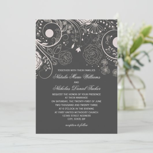 Floral Pattern Grey/White - Wedding Invitation Kaart (Staand voorkant)