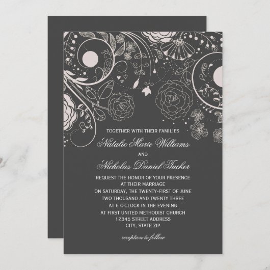 Floral Pattern Grey/White - Wedding Invitation Kaart (Voorkant / Achterkant)