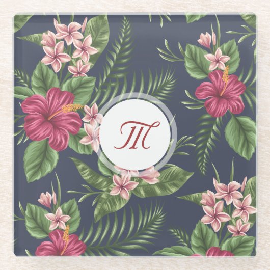 Floral Pattern Hibiscus Monogram Glass Onderzetter (Voorkant)
