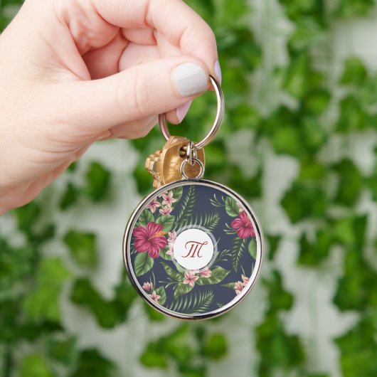 Floral Pattern Hibiscus Monogram Round Keychain (Hand)