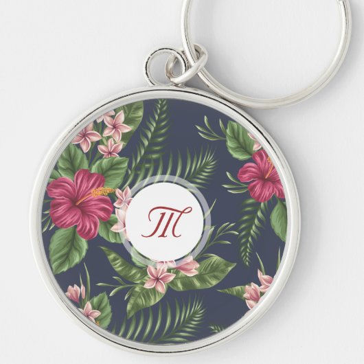 Floral Pattern Hibiscus Monogram Round Keychain (Voorkant)