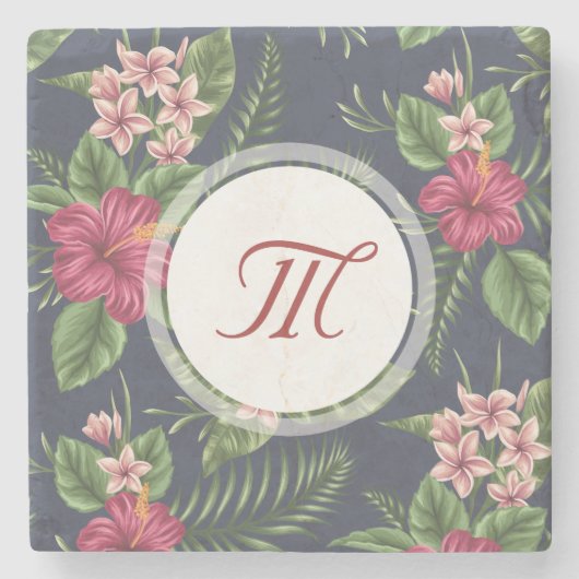 Floral Pattern Hibiscus Monogram Stone Onderzetter (Voorkant)