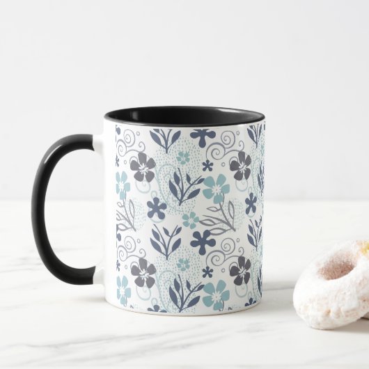 Floral Pattern in blauw en grijs Mok (Met donut)