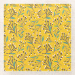 Floral Pattern in  delicate branches and buds Glazen Onderzetter<br><div class="desc">Seamless floral pattern with delicate branches,  blue-green leaves,  and pink buds on a vibrant yellow background,  creating a cheerful,  lively tone.</div>