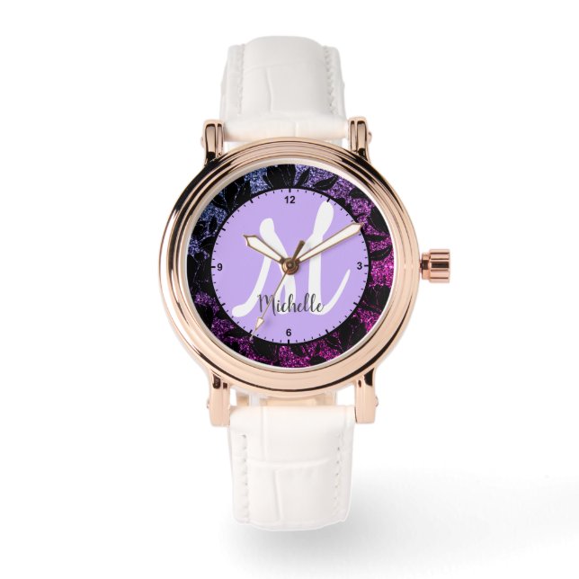 Floral Pattern Lijst Elegante monogrammed naam Horloge (Voorkant)