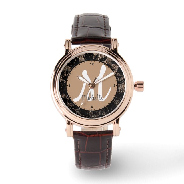 Floral Pattern Lijst Elegante monogrammed naam Horloge (Voorkant)