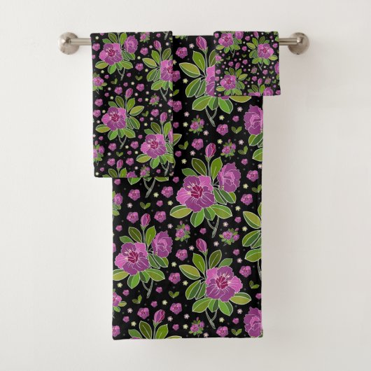 Floral Pattern Lilac Pink Green Black Bad Handdoek (Insitu)