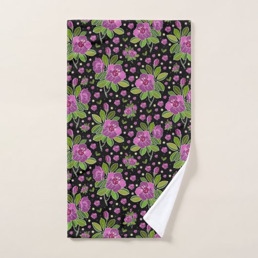 Floral Pattern Lilac Pink Green Black Bad Handdoek (Handdoek)