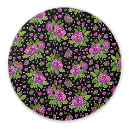 Floral Pattern Lilac Pink Green Black Keramische Knop (Voorkant)