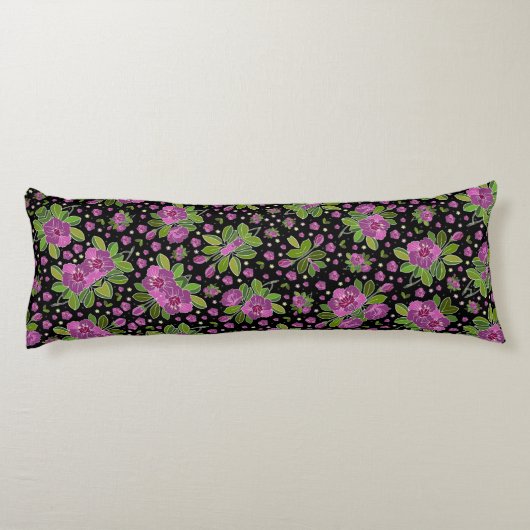 Floral Pattern Lilac Pink Green Black Lichaamskussen (Achterkant)