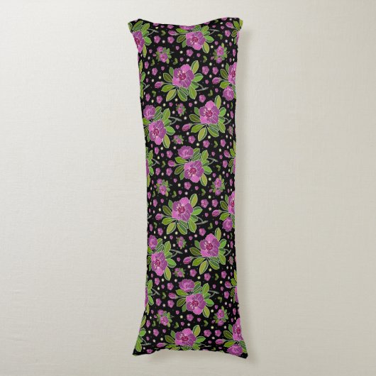 Floral Pattern Lilac Pink Green Black Lichaamskussen (Voorkant Verticaal)